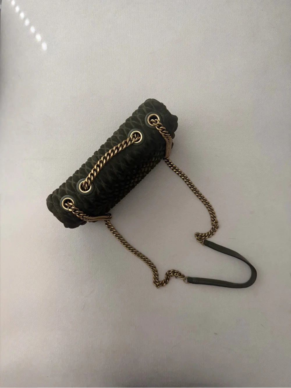 Tory Burch Quilted Olive Velvet Shoulder Bag with Gold Logo